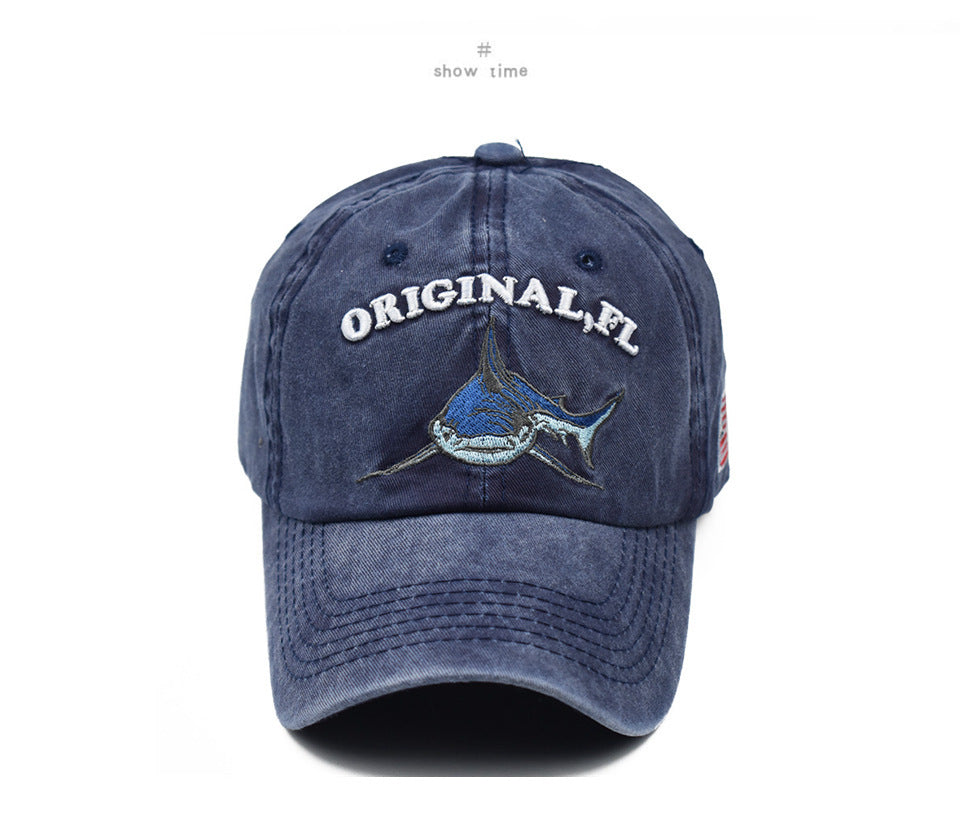 Washed embroidered shark baseball cap