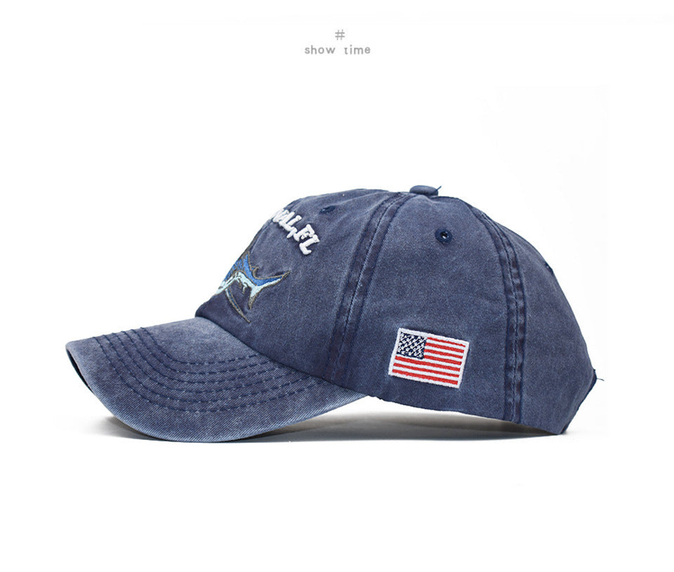 Washed embroidered shark baseball cap