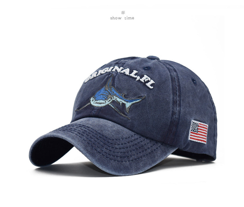 Washed embroidered shark baseball cap
