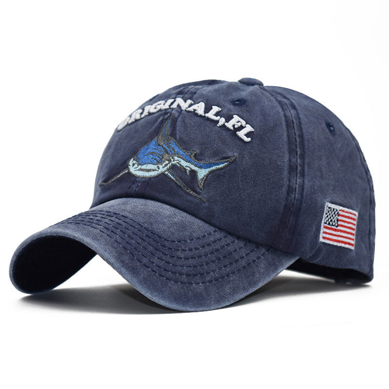 Washed embroidered shark baseball cap
