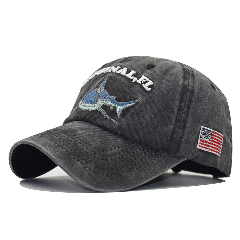 Washed embroidered shark baseball cap