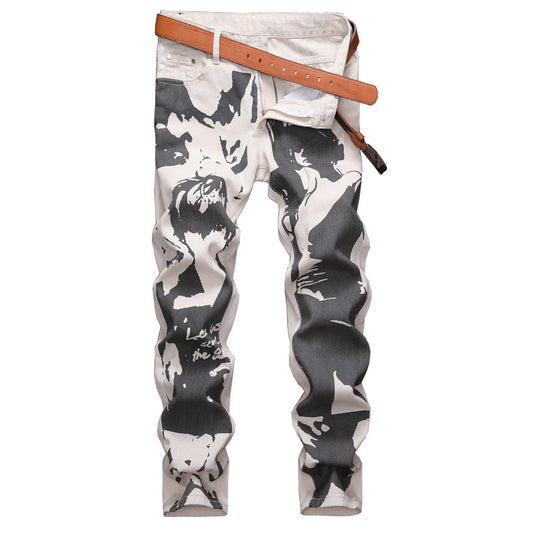 Men's Shark White Painting Printed Black Jeans