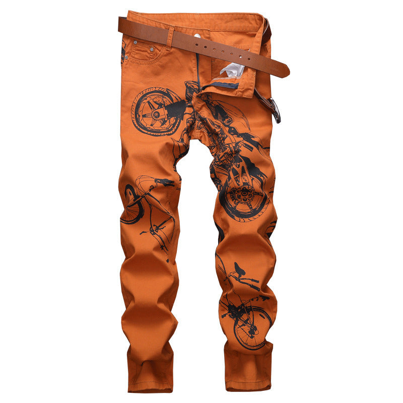 Men's Shark White Painting Printed Black Jeans