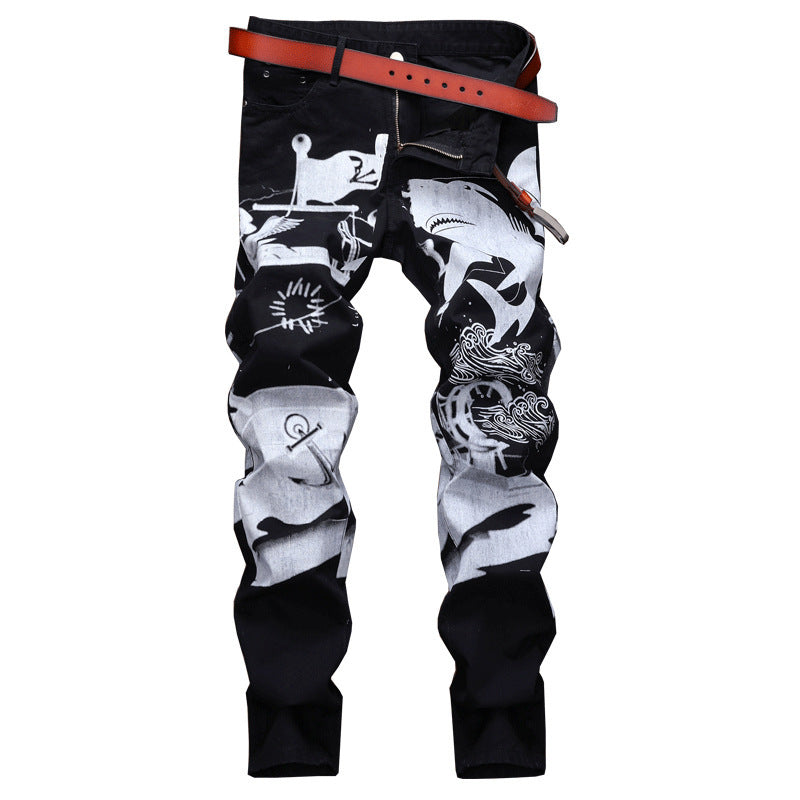 Men's Shark White Painting Printed Black Jeans