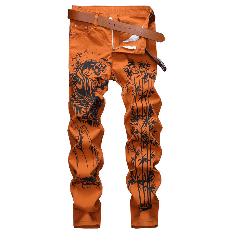 Men's Shark White Painting Printed Black Jeans