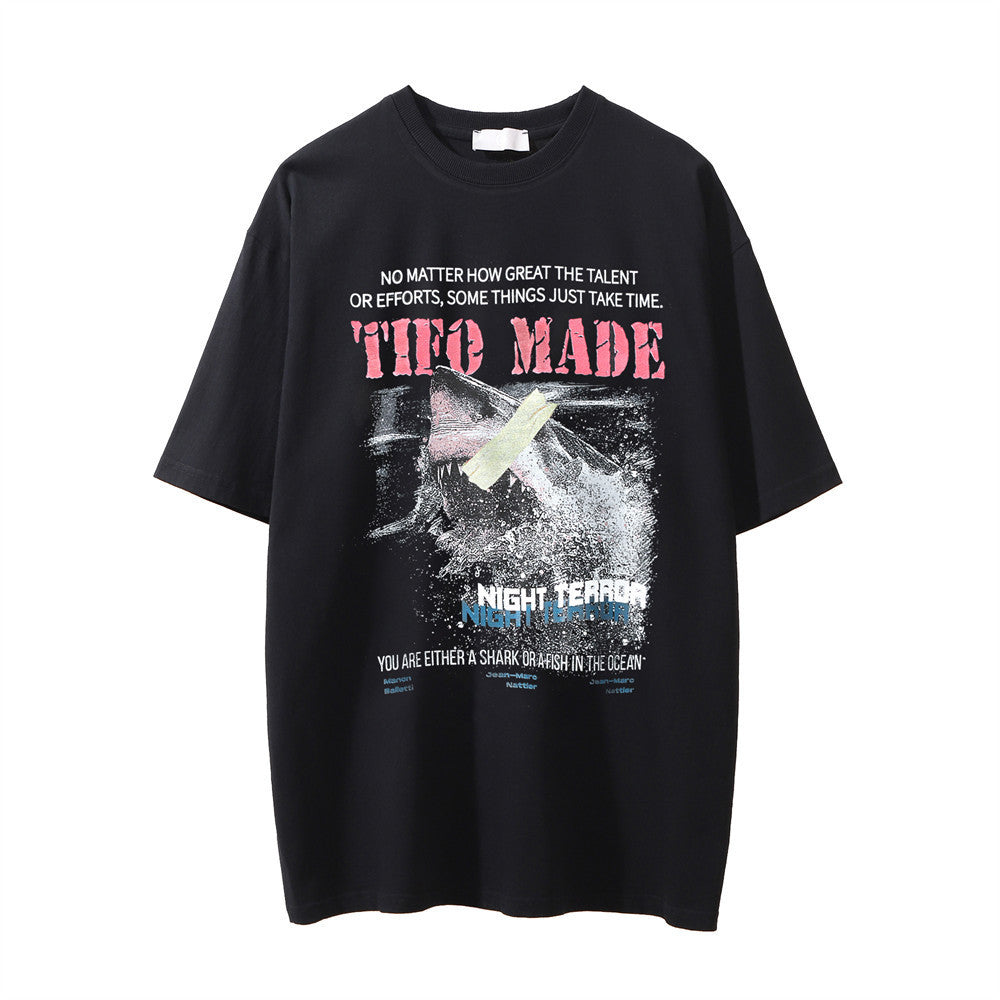 Animal Shark Print Distressed Wash Short Sleeve T-shirt