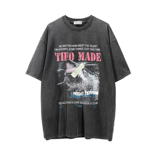 Animal Shark Print Distressed Wash Short Sleeve T-shirt
